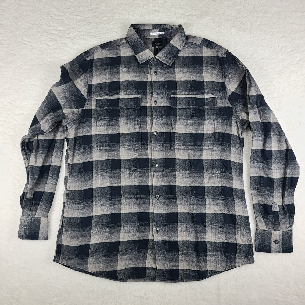 Goodman Flannel Shirt Mens‎ 2XL XXL Blue Navy Gray Plaid Flap Pocket Button Down